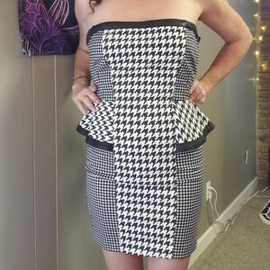 Houndstooth strapless flare peplum dress